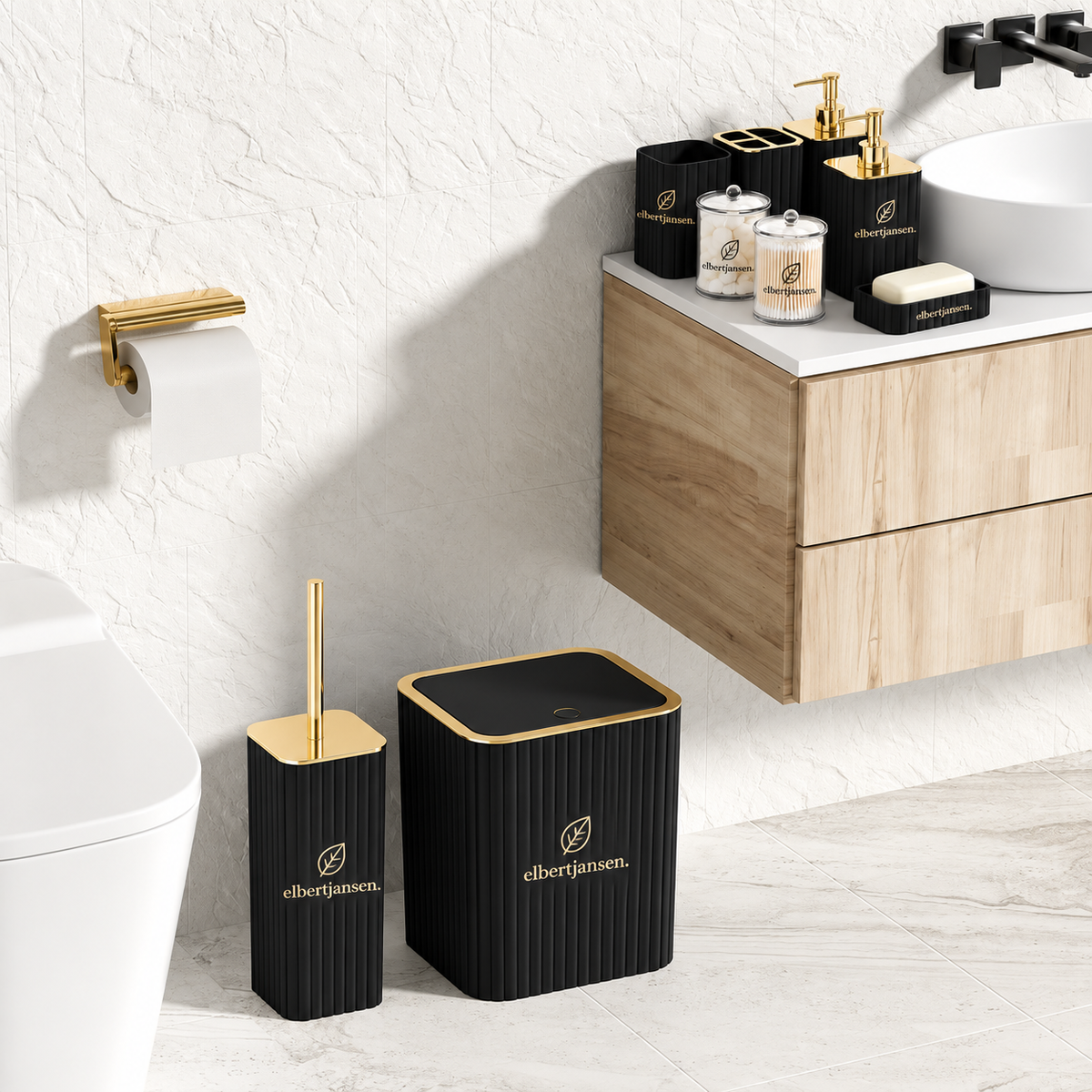Elbertjansen Bathroom Accessories Set – Black & Rose Gold
